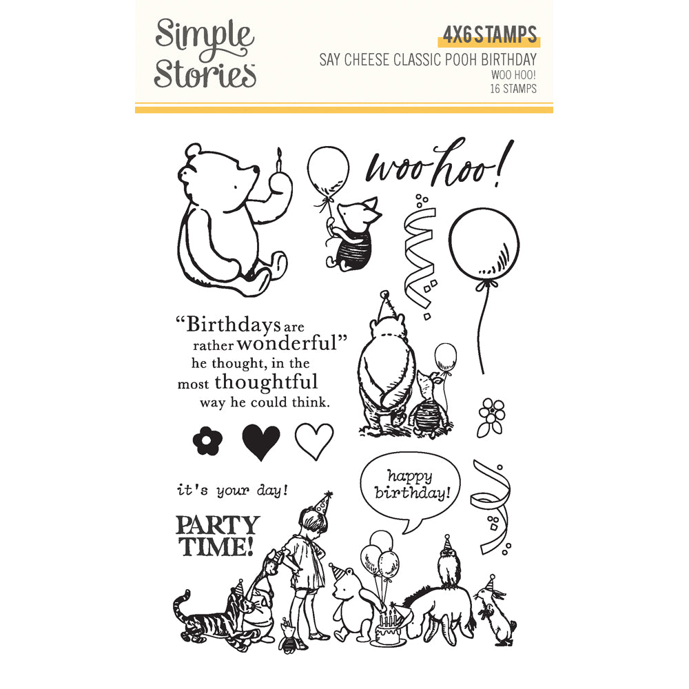 Simple Stories Say Cheese Classic Pooh Birthday Photopolymer Stamps-Woo Hoo!