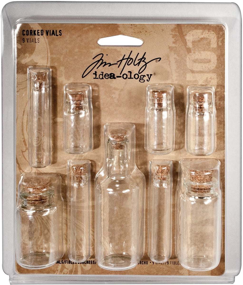 Tim Holtz Idea-Ology Corked Glass Vials 7/Pkg-Apothecary Amber W/Vintage Labels