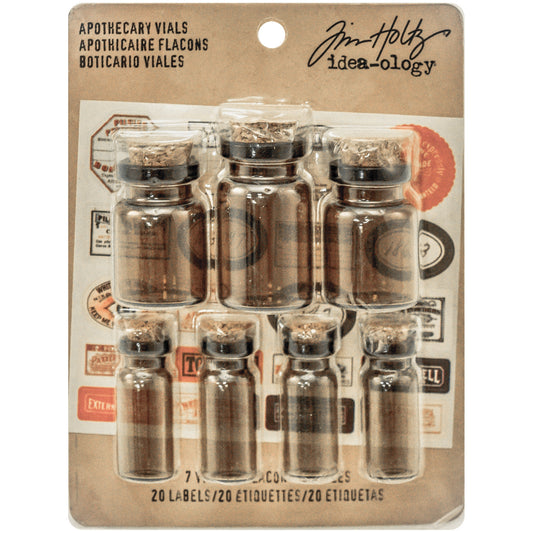 Tim Holtz Idea-Ology Corked Glass Vials 7/Pkg-Apothecary Amber W/Vintage Labels