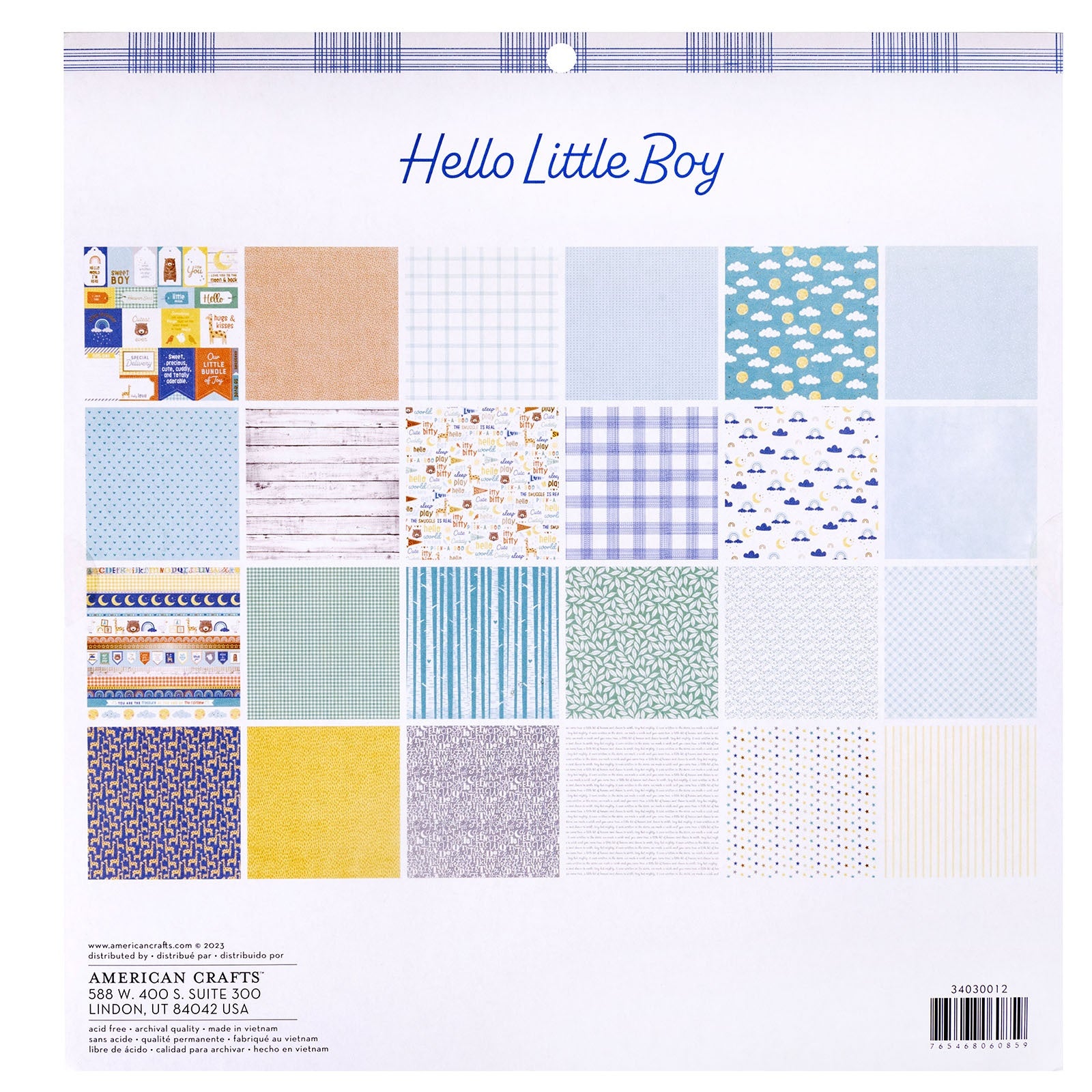 American Crafts Hello Little Boy Double-Sided Paper Pad 12x12 with-Gold Foil