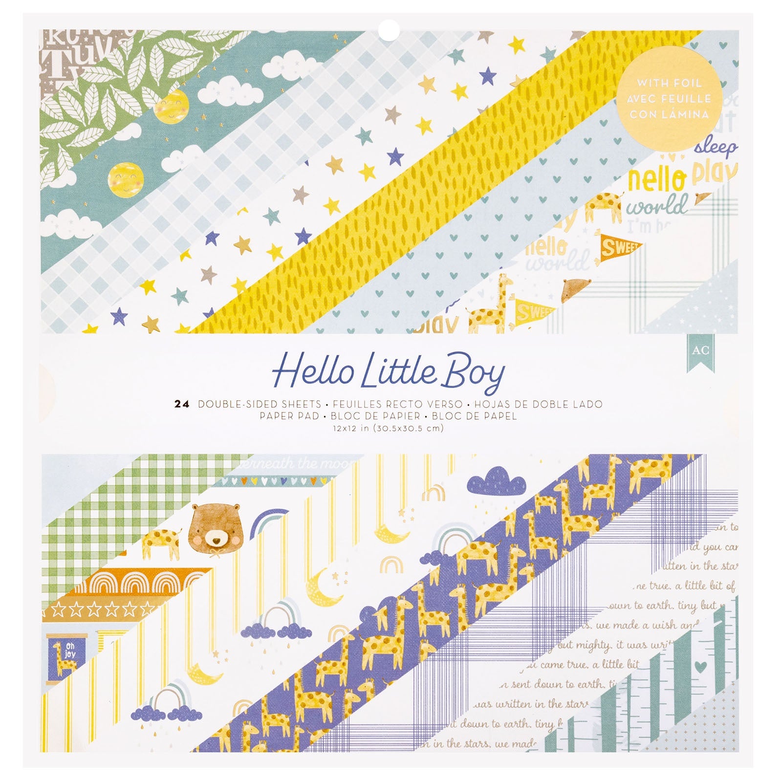 American Crafts Hello Little Boy Double-Sided Paper Pad 12x12 with-Gold Foil