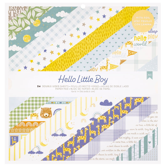 American Crafts Hello Little Boy Double-Sided Paper Pad 12x12 with-Gold Foil