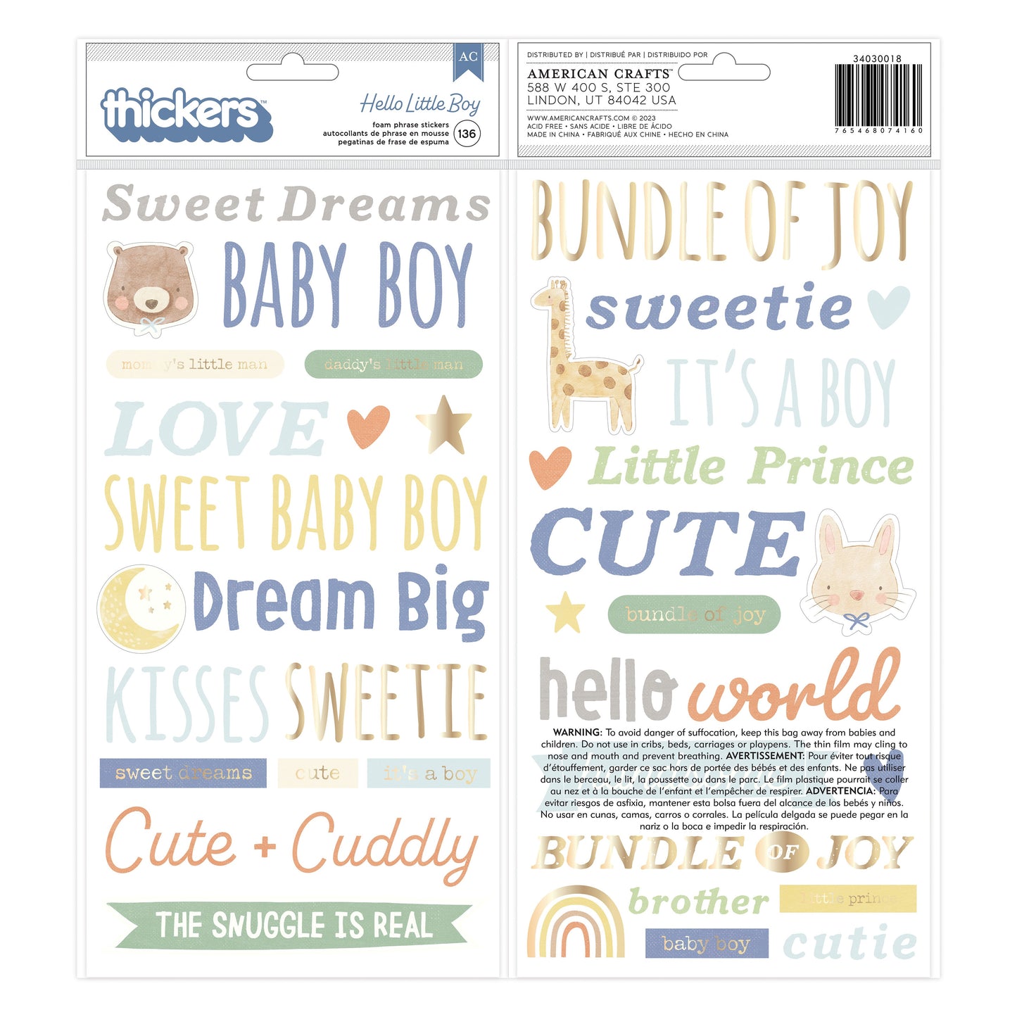 American Crafts Hello Little Boy Thickers Stickers -Phrase