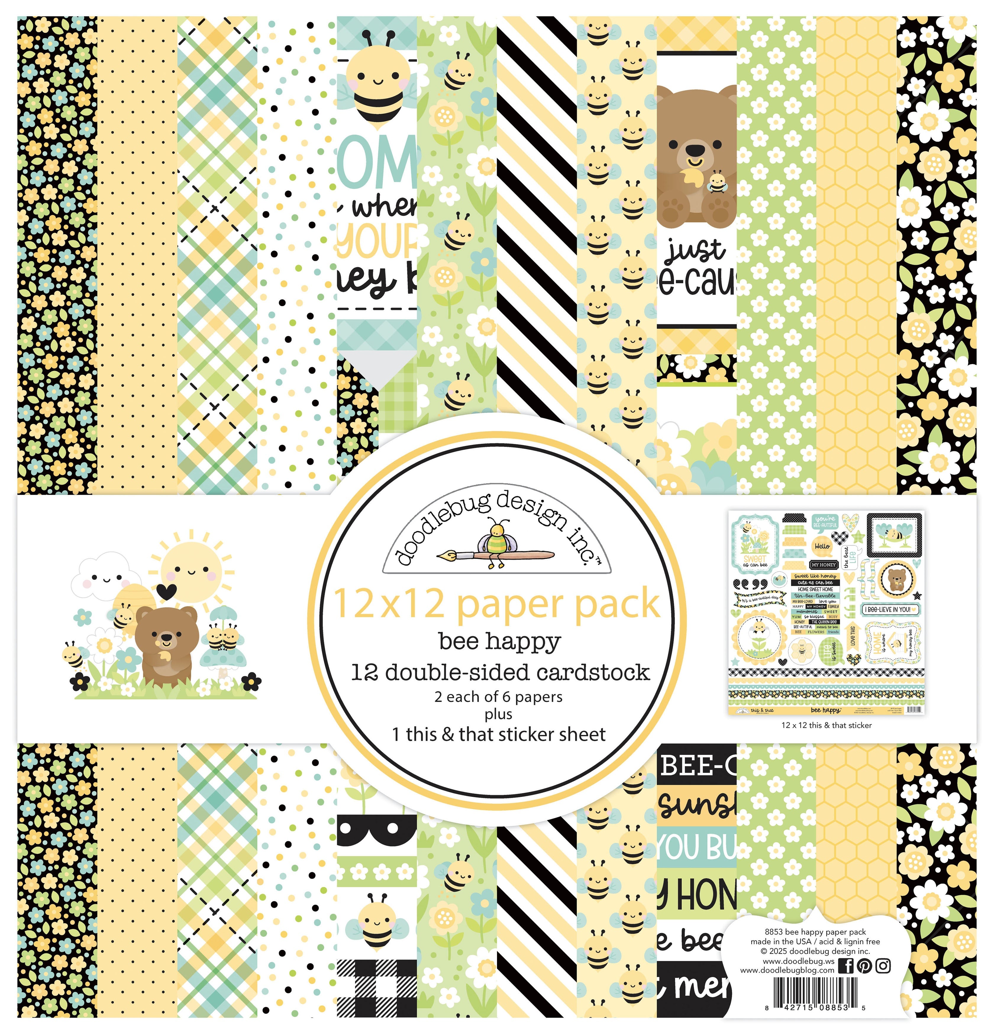 Doodlebug Bee Happy Double-Sided Paper Pack 12"X12"
