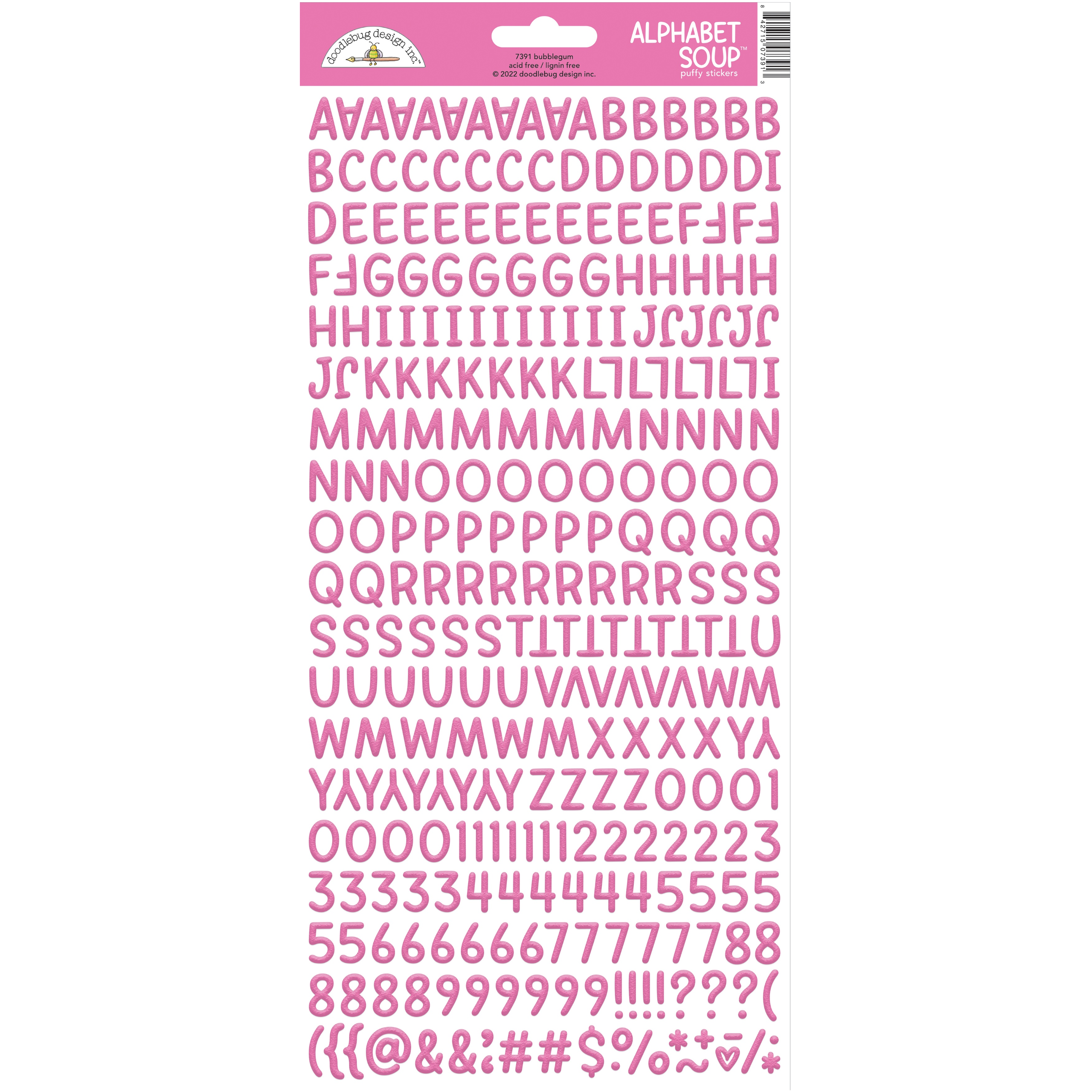 A package of Doodlebug Alphabet Soup puffy stickers in a bubblegum color, featuring various letters of the alphabet.