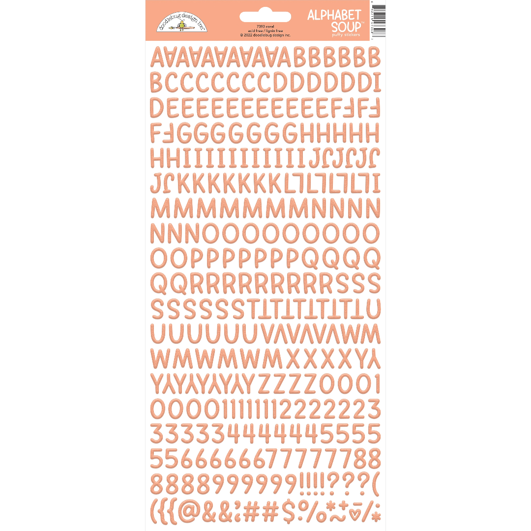 A package of Doodlebug Alphabet Soup puffy stickers in a coral color, displaying various letters of the alphabet in a whimsical font.