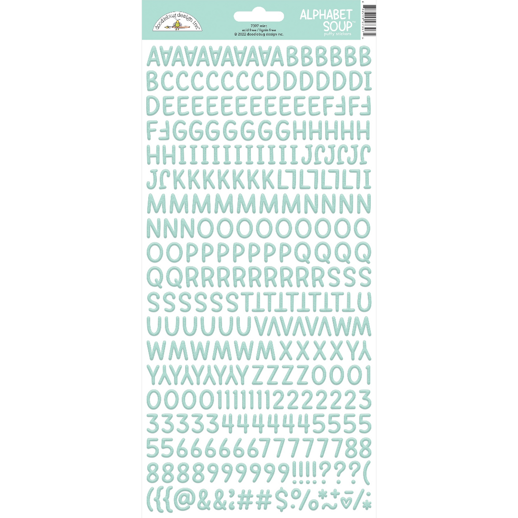 A package of Doodlebug Alphabet Soup puffy stickers in a mint color, displaying various letters of the alphabet in a playful font.