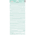 A package of Doodlebug Alphabet Soup puffy stickers in a mint color, displaying various letters of the alphabet in a playful font.