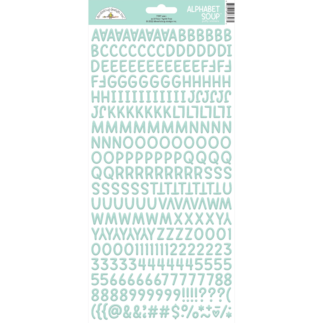 A package of Doodlebug Alphabet Soup puffy stickers in a mint color, displaying various letters of the alphabet in a playful font.