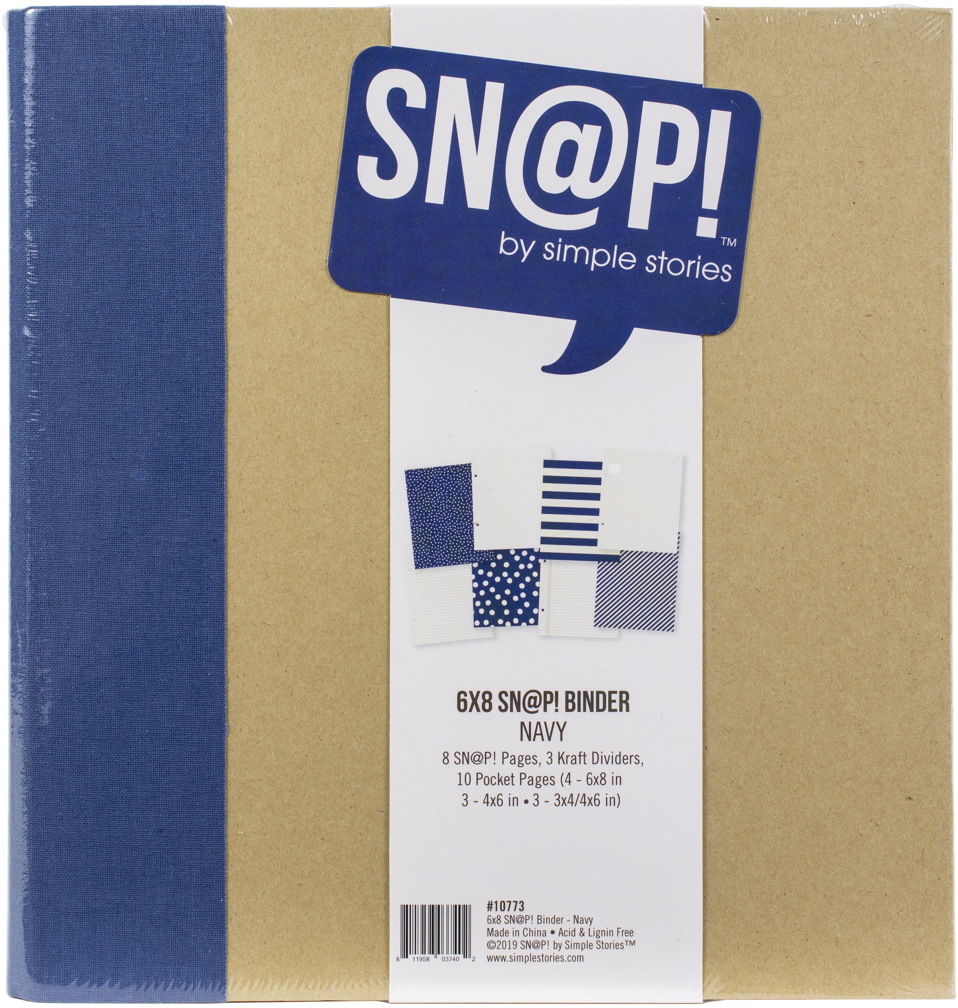 A Simple Stories Sn@p! Binder in navy color with a clear label and a pack of assorted pockets and dividers displayed in front.