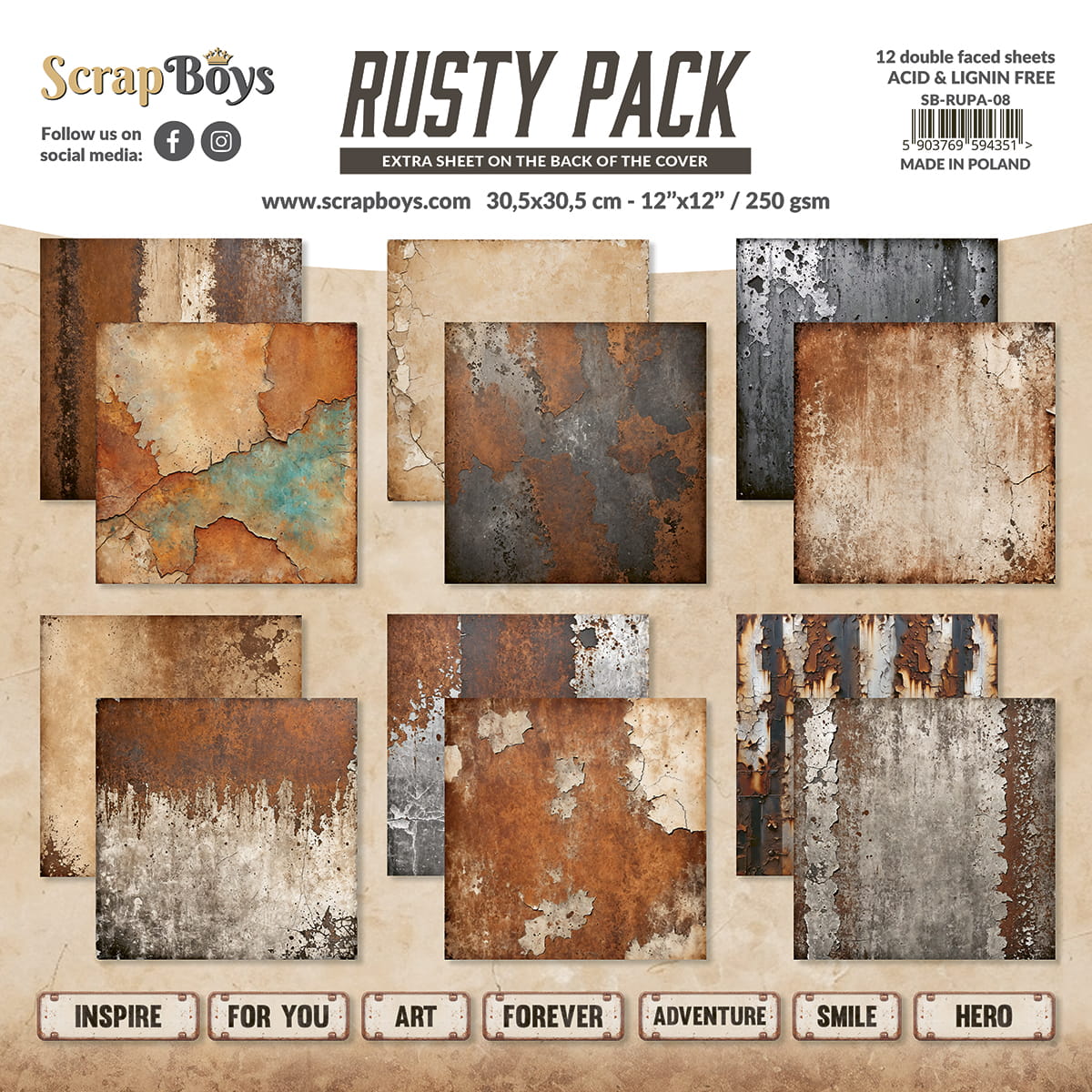 Scrapboys Rusty Pack - 12"x12" Paper Pack