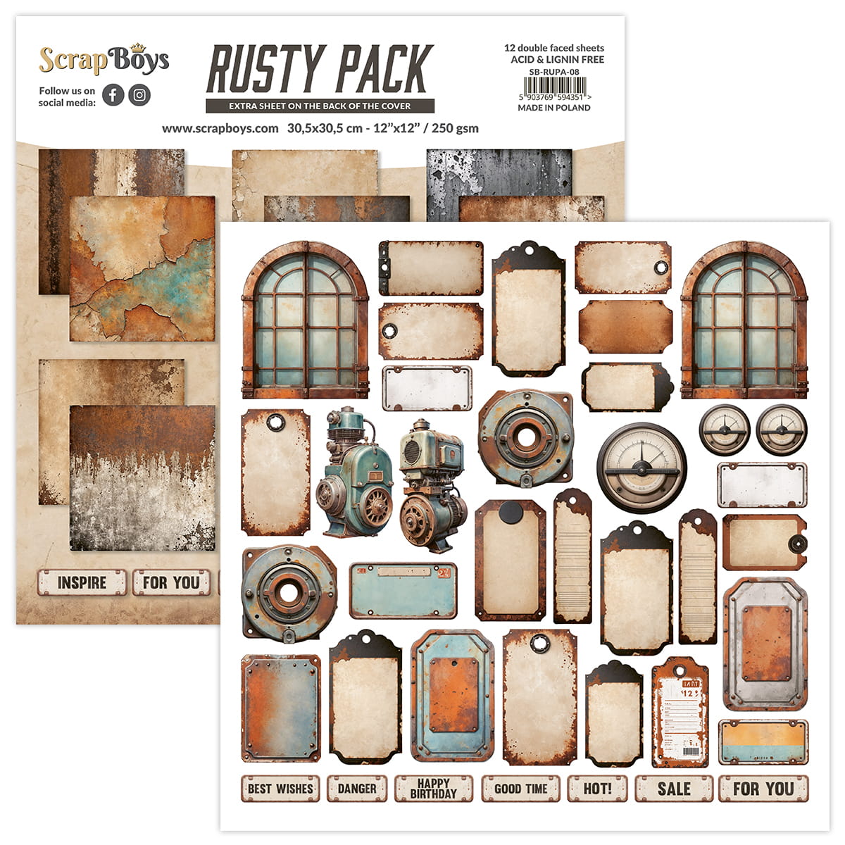 Scrapboys Rusty Pack - 12"x12" Paper Pack