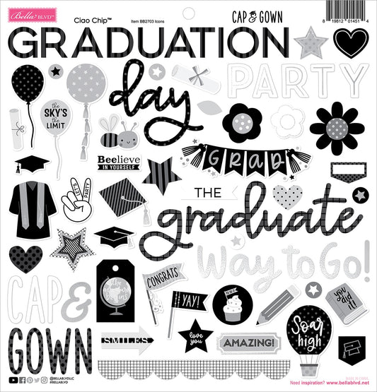 Bella Blvd Cap & Gown Chipboard Stickers 12"X12"-Icons